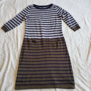 Talbots Gray Olive Green Striped 3/4 Sleeve Wool Sweater Dress XS Classic Cozy